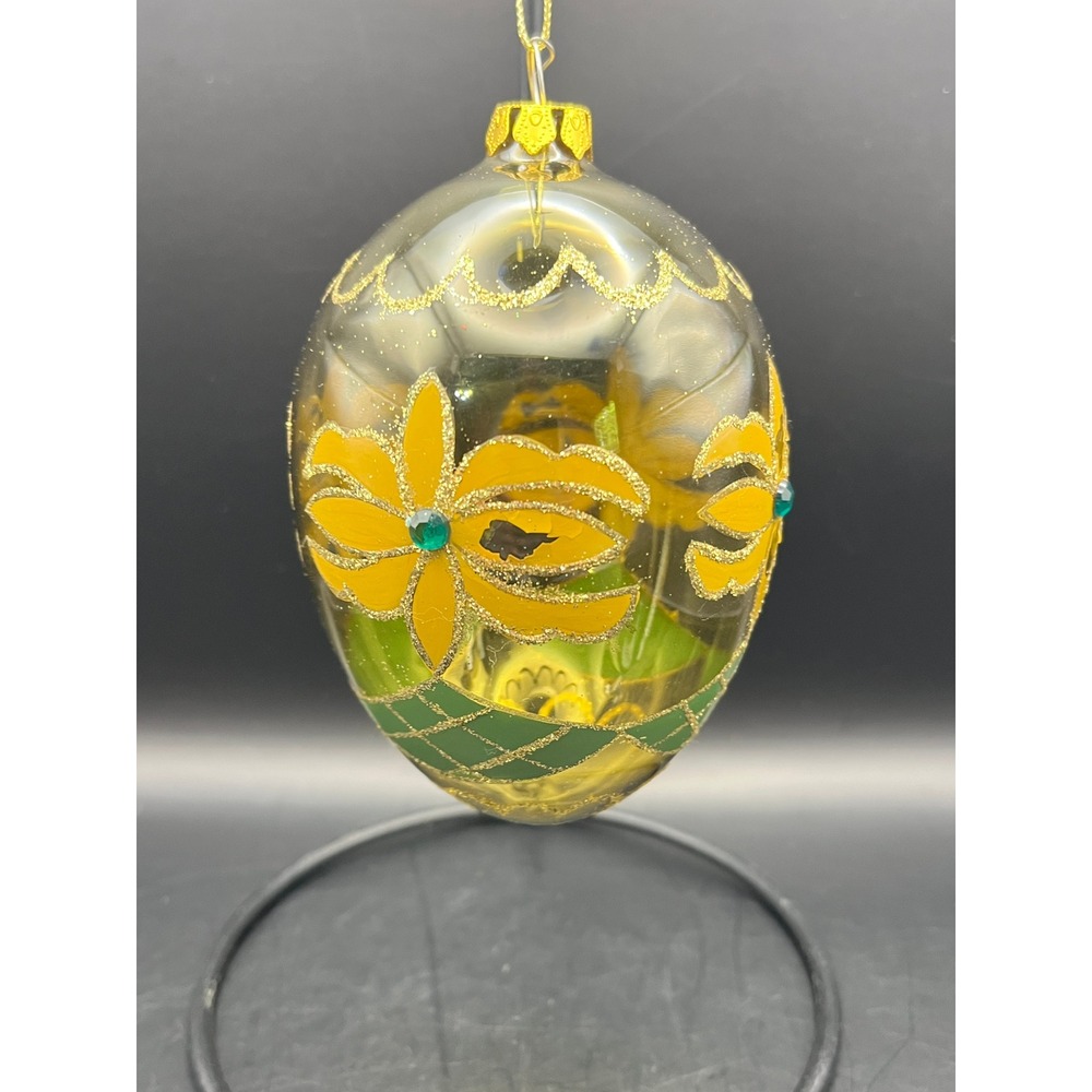 Vtg Hand Blown Egg-Shaped‎ Christmas Ornament Yellow Flowers Glitter Decoration
